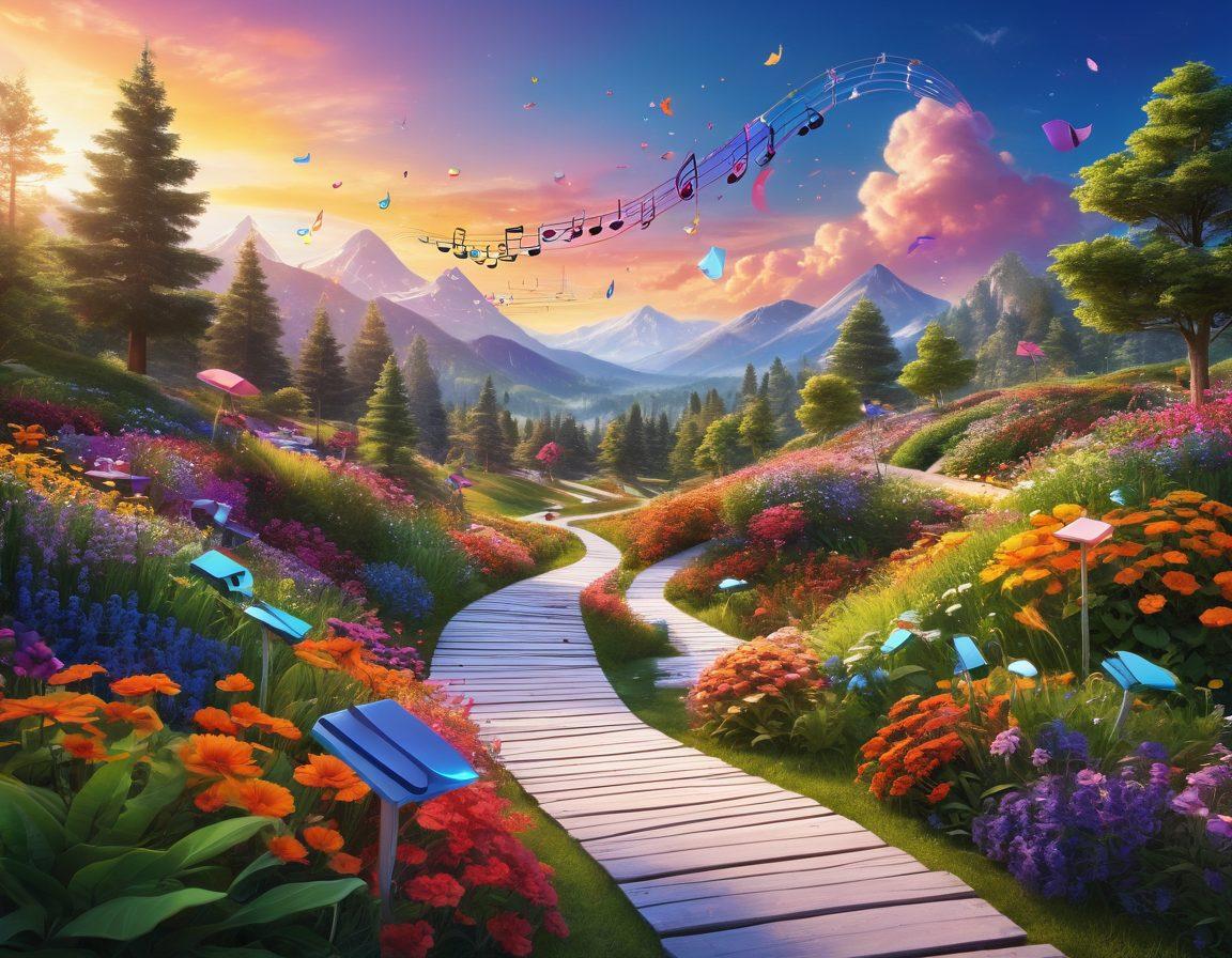 A colorful digital landscape showcasing cheerful characters effortlessly transferring vibrant multimedia files across glowing pathways. Envision a bright sky filled with digital icons symbolizing content transfer, such as music notes, video claps, and document symbols. The scene embodies a sense of ease and joy, with cheerful expressions and playful interactions. Include elements of technology blending seamlessly with nature to emphasize a hassle-free experience. vibrant colors. 3D.