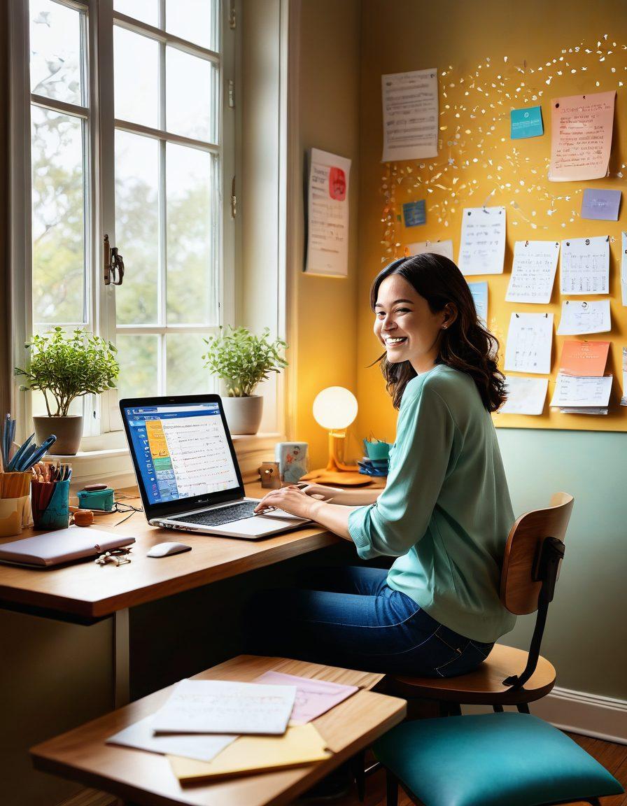 A cheerful person sitting at a cozy desk, surrounded by colorful downloads and whimsical icons of joy like smiles and stars, with beams of light shining through a window. The scene conveys a sense of satisfaction and ease, highlighting digital connections that elevate everyday life. Add elements like musical notes and inspiring quotes floating in the air. vibrant colors. super-realistic.