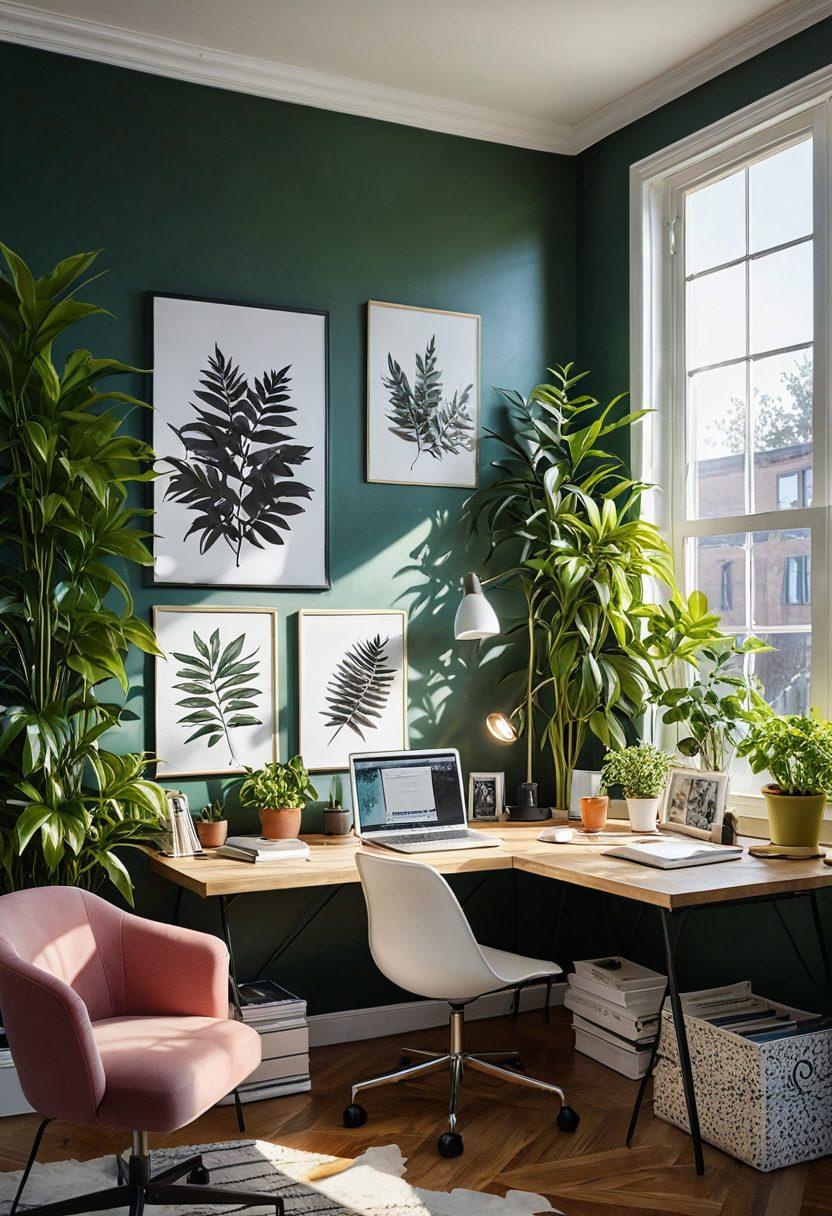 A bright and inviting workspace filled with colorful digital downloads like e-books and art prints, radiating joy and positivity. Include a person effortlessly enjoying their creative process on a laptop, surrounded by plants and sunlight. The atmosphere should exude relaxation and inspiration. Use vibrant colors to enhance the mood. super-realistic. vibrant colors. natural light.